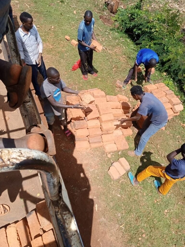 Workers organizing bricks for construction